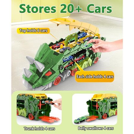 Dinosaur Truck Toys for Kids, Transforms into Triceratops with Race Track Set Toys for Boys 3 4 5 6 7 8 Years Old Green