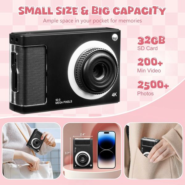 1080P 48MP Camera with 8X Zoom and Dual Camera, Compact Kids Camera with 32GB TF Card, Christmas Birthday Toy for Beginner, Black