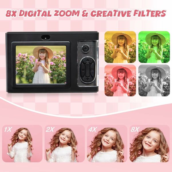 1080P 48MP Camera with 8X Zoom and Dual Camera, Compact Kids Camera with 32GB TF Card, Christmas Birthday Toy for Beginner, Black