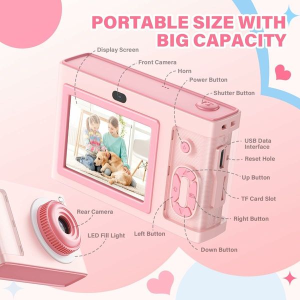 1080P 48MP Camera with 8X Zoom and Dual Camera, Compact Kids Camera with 32GB TF Card, Christmas Birthday Toy for Beginner, Pink