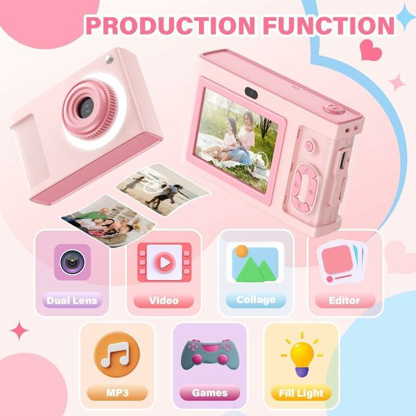 1080P 48MP Camera with 8X Zoom and Dual Camera, Compact Kids Camera with 32GB TF Card, Christmas Birthday Toy for Beginner, Pink