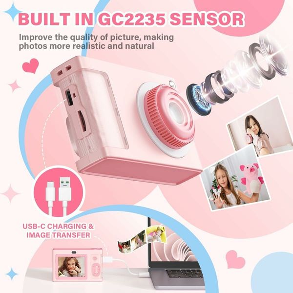 1080P 48MP Camera with 8X Zoom and Dual Camera, Compact Kids Camera with 32GB TF Card, Christmas Birthday Toy for Beginner, Pink