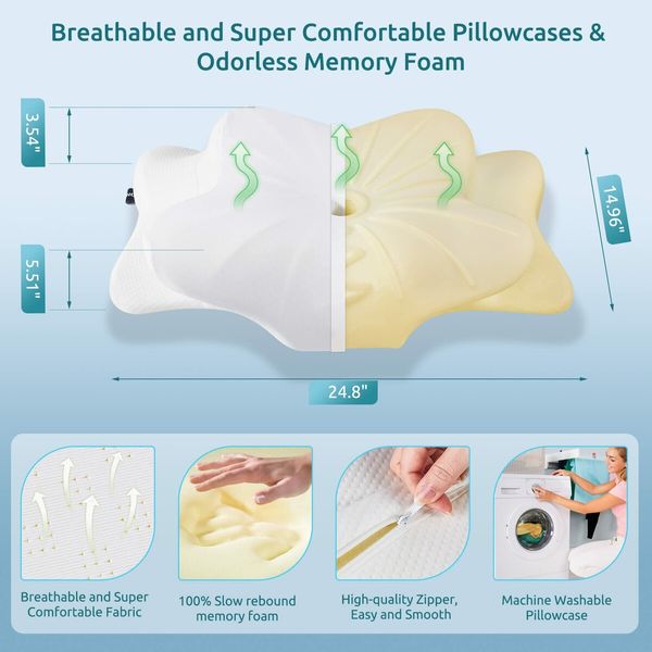 Cervical Pillow for Neck and Shoulder,Contour Memory Foam Pillow,Ergonomic Neck Support Pillow for Side Back Stomach Sleepers with Pillowcase (White)