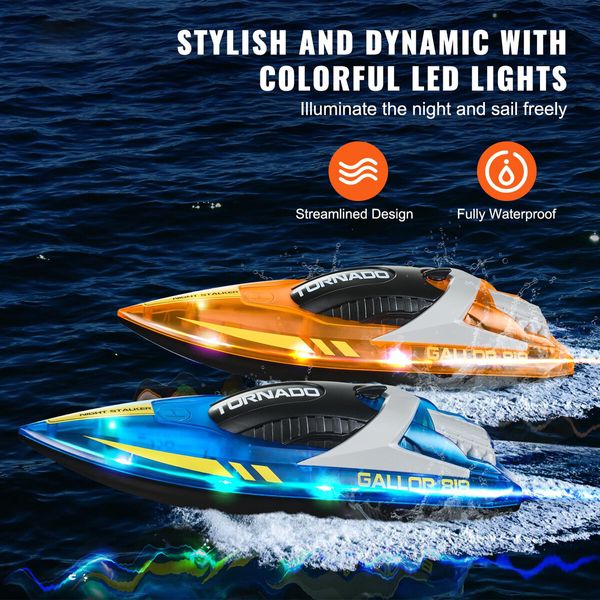 RC Boat for Kids,Remote Control Boat,Racing Boat with LED Light & 4 Rechargeable Batteries,Whole Body Waterproof,Water Play Toy Gift,2Pack