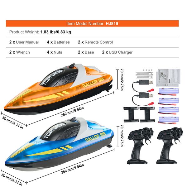 RC Boat for Kids,Remote Control Boat,Racing Boat with LED Light & 4 Rechargeable Batteries,Whole Body Waterproof,Water Play Toy Gift,2Pack