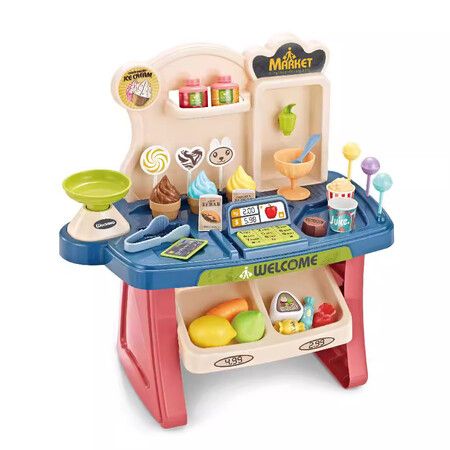 Supermarket Shop with ice Cream Candy Sweet cart Role Play Toy Set for Kids, Mini Market Play Toy Set with Light and Sound Effect