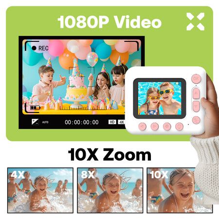 Kids Instant Print Camera,1080P Digital Camera 2.4Inch IPS Screen 10X Zoom Built-in Battery, Birthday Gift for Boy Girl (Pink)