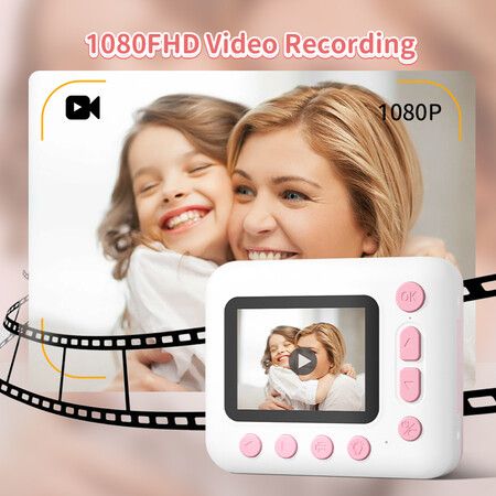 Kids Instant Print Camera,1080P Digital Camera 2.4Inch IPS Screen 10X Zoom Built-in Battery, Birthday Gift for Boy Girl (Pink)