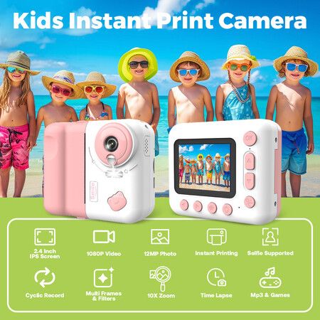 Kids Instant Print Camera,1080P Digital Camera 2.4Inch IPS Screen 10X Zoom Built-in Battery, Birthday Gift for Boy Girl (Pink)