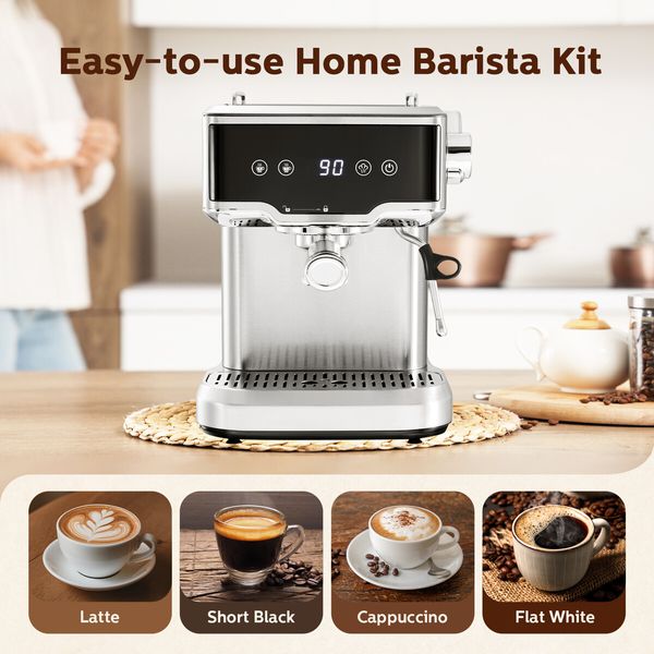 Espresso Coffee Machine 20 Bar Stainless Steel Portable Latte Cappuccino Maker 2L Home Office Cafe Milk Frother Preheating Temp Time Display Maxkon