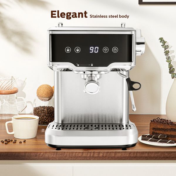 Espresso Coffee Machine 20 Bar Stainless Steel Portable Latte Cappuccino Maker 2L Home Office Cafe Milk Frother Preheating Temp Time Display Maxkon