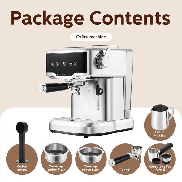 Espresso Coffee Machine 20 Bar Stainless Steel Portable Latte Cappuccino Maker 2L Home Office Cafe Milk Frother Preheating Temp Time Display Maxkon