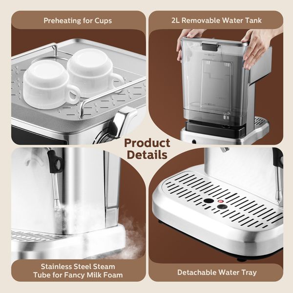 Espresso Coffee Machine 20 Bar Stainless Steel Portable Latte Cappuccino Maker 2L Home Office Cafe Milk Frother Preheating Temp Time Display Maxkon