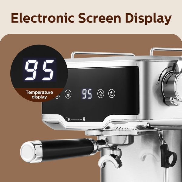 Espresso Coffee Machine 20 Bar Stainless Steel Portable Latte Cappuccino Maker 2L Home Office Cafe Milk Frother Preheating Temp Time Display Maxkon