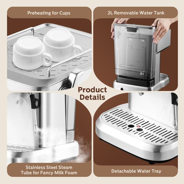 Espresso Coffee Machine 20 Bar 2L Stainless Steel Latte Cappuccino Maker Home Cafe Office Milk Frother with Pressure Gauge Thermometer Maxkon