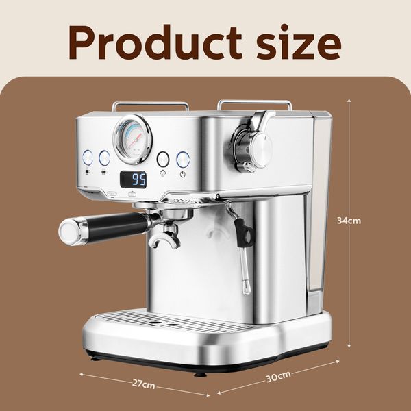 Espresso Coffee Machine 20 Bar 2L Stainless Steel Latte Cappuccino Maker Home Cafe Office Milk Frother with Pressure Gauge Thermometer Maxkon