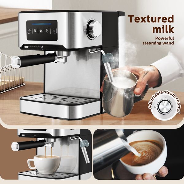 Espresso Coffee Machine 20 Bar 1.6L Portable Stainless Steel Latte Cappuccino Maker Home Office Cafe Milk Frother with Steam Wander Preheating Maxkon