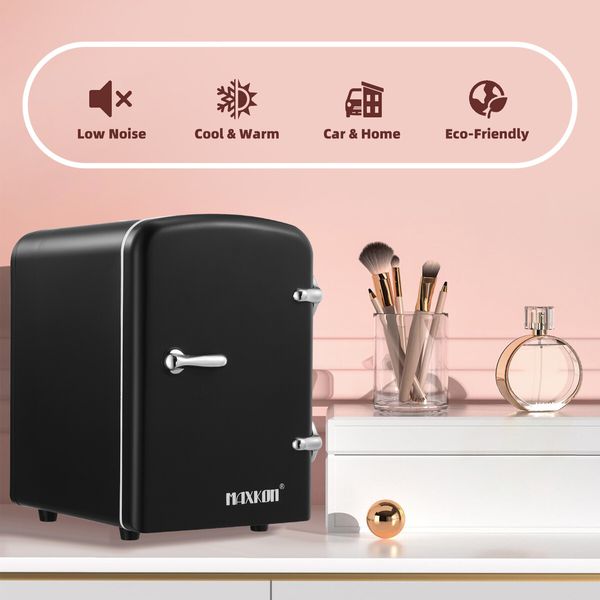 Maxkon Black Mini Fridge 4L 6 Can Portable Cooler Warmer Personal Countertop Refrigerator for Home Office Bar Car Drinks Skincare Cosmetics Foods