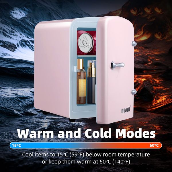 Maxkon 2in1 Mini Fridge Cooler Warmer 12V Home Car Refrigerator Small Portable for Drinks Bar Beauty Bedroom Makeup Skincare Cosmetic 4L Pink