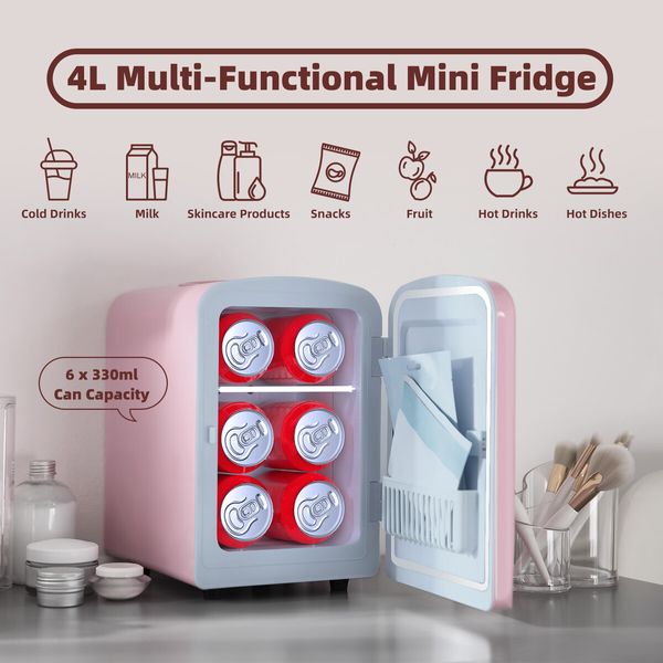 Maxkon 2in1 Mini Fridge Cooler Warmer 12V Home Car Refrigerator Small Portable for Drinks Bar Beauty Bedroom Makeup Skincare Cosmetic 4L Pink