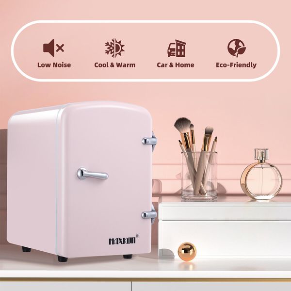 Maxkon 2in1 Mini Fridge Cooler Warmer 12V Home Car Refrigerator Small Portable for Drinks Bar Beauty Bedroom Makeup Skincare Cosmetic 4L Pink