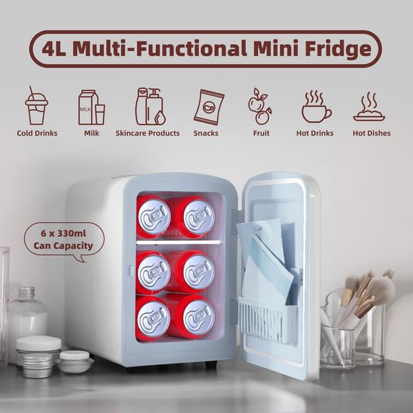 Maxkon 4L Mini Fridge Home Travel 12V Portable Small Personal Car Refrigerator Cooler Warmer for Food Drink Skincare Cosmetics Medication White