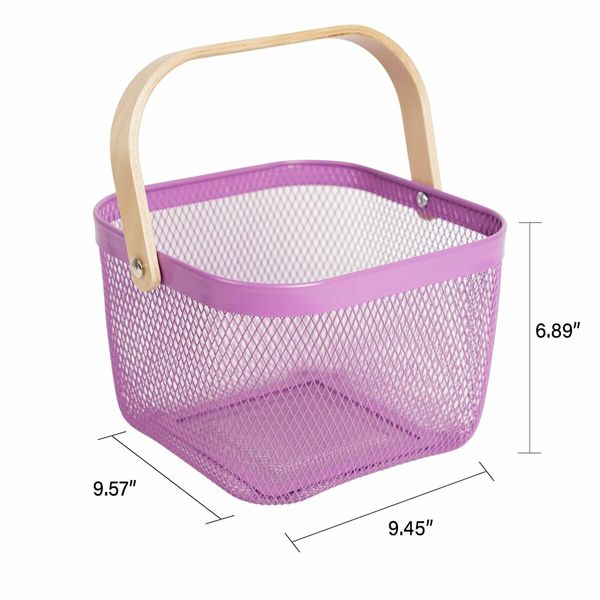 Metal Mesh Steel Basket Garden Harvest Basket Vegetables Square Wire Basket with Handle Storage Organizer Multi-functional Fruit Basket (Purple)