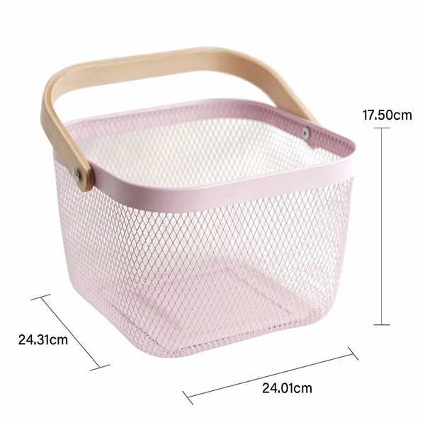 Metal Mesh Steel Basket Garden Harvest Basket Vegetables Square Wire Basket with Handle Storage Organizer Multi-functional Fruit Basket (Pink)