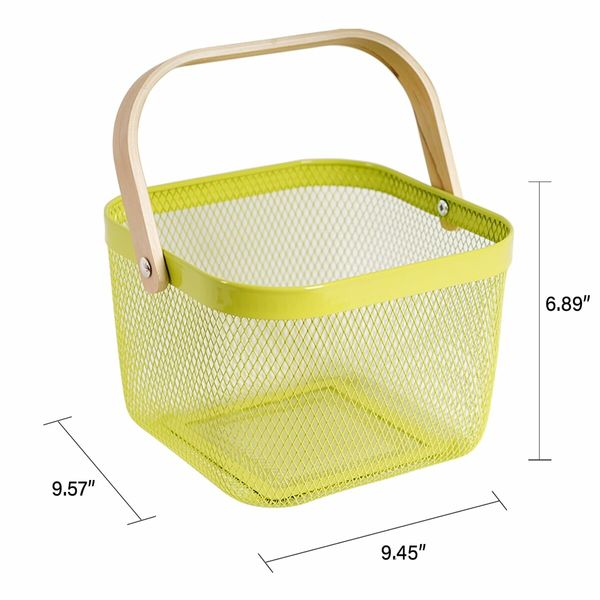 Metal Mesh Steel Basket Garden Harvest Basket Vegetables Square Wire Basket with Handle Storage Organizer Multi-functional Fruit Basket (Green)