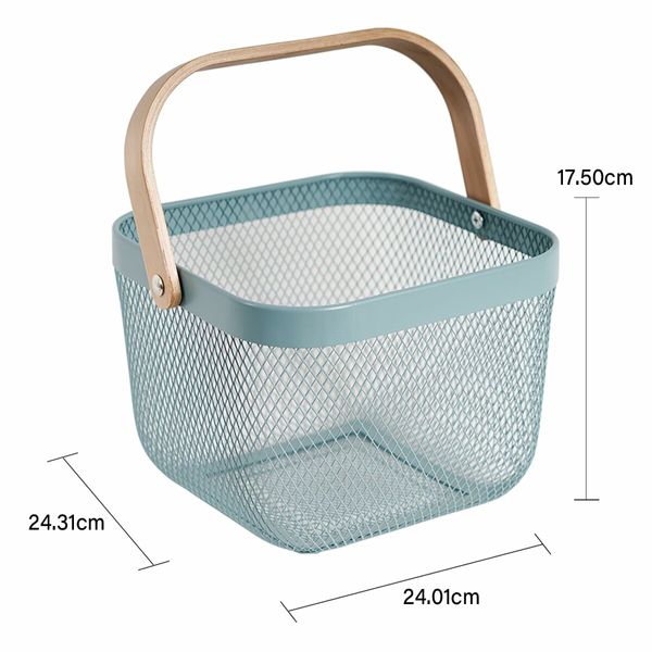 Metal Mesh Steel Basket Garden Harvest Basket Vegetables Square Wire Basket with Handle Storage Organizer Multi-functional Fruit Basket (Blue)