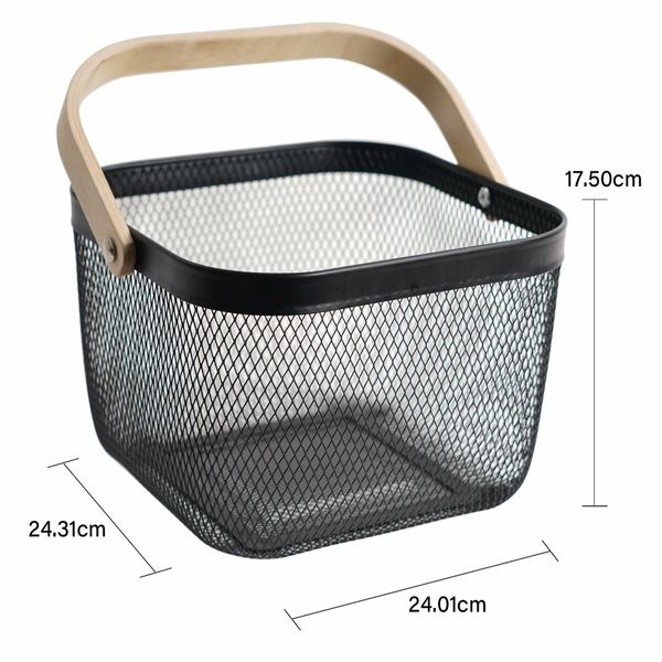 Metal Mesh Steel Basket Garden Harvest Basket Vegetables Square Wire Basket with Handle Storage Organizer Multi-functional Fruit Basket (Black)