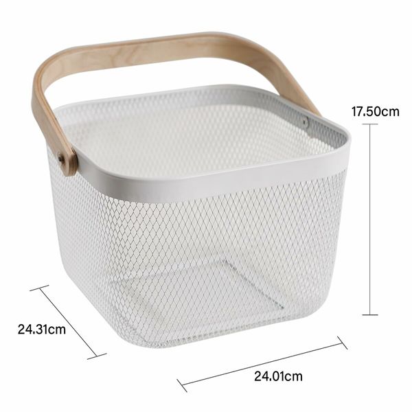 Metal Mesh Steel Basket Garden Harvest Basket Vegetables Square Wire Basket with Handle Storage Organizer Multi-functional Fruit Basket (White)