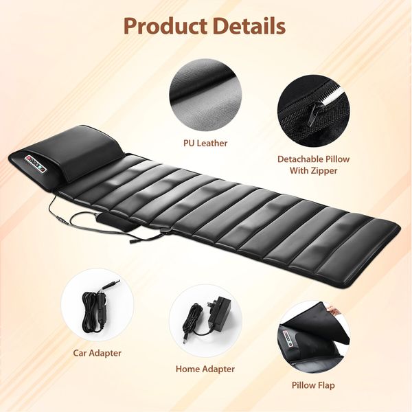 HOMASA Heating Massage Mat Full Body Vibration Electric Heated Chair Pad Shiatsu Neck Shoulder Back Leg Massager 10 Motors Mattress Car Seat Cushion