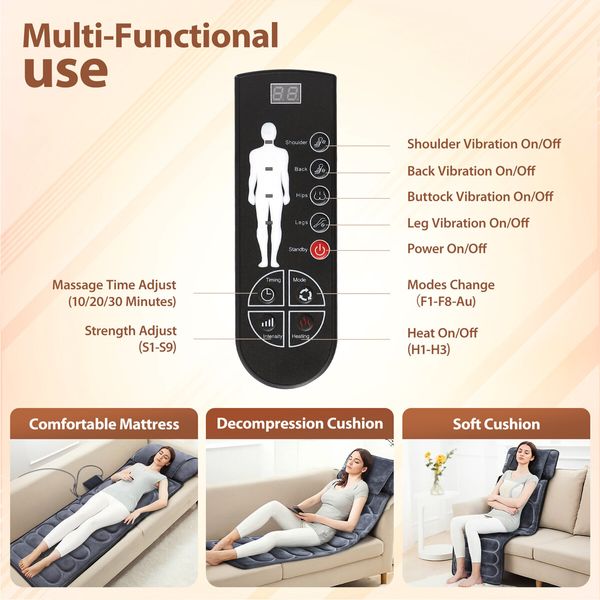 HOMASA Heated Massage Mat Full Body Vibration Electric Heating Pad Shiatsu Neck Shoulder Leg Massager 10 Motors Chair Car Seat Cushion