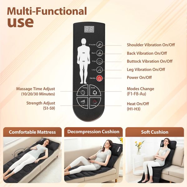 HOMASA Full Body Massage Mat Pillow Electric Heating Pad Neck Shoulder Back Hip Leg Massager Shiatsu Relax 10 Vibration Motors Chair Car Seat Cushion