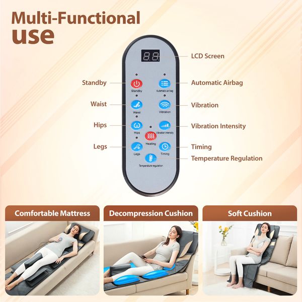 HOMASA Full Body Massage Mat Heated Shiatsu Neck Massager Shoulder Back Lumbar Traction Hip Leg Relax Stretch Airbags Vibration Motors