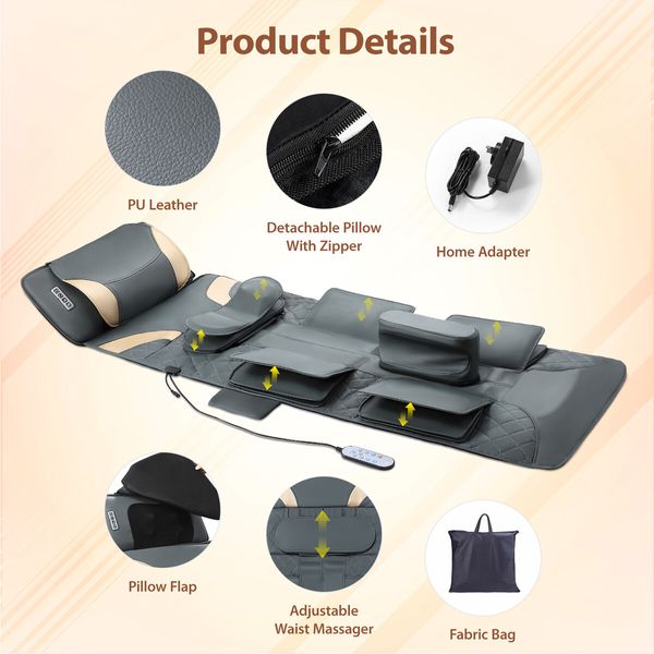 HOMASA Full Body Massage Mat Heated Shiatsu Neck Massager Shoulder Back Lumbar Traction Hip Leg Relax Stretch Airbags Vibration Motors