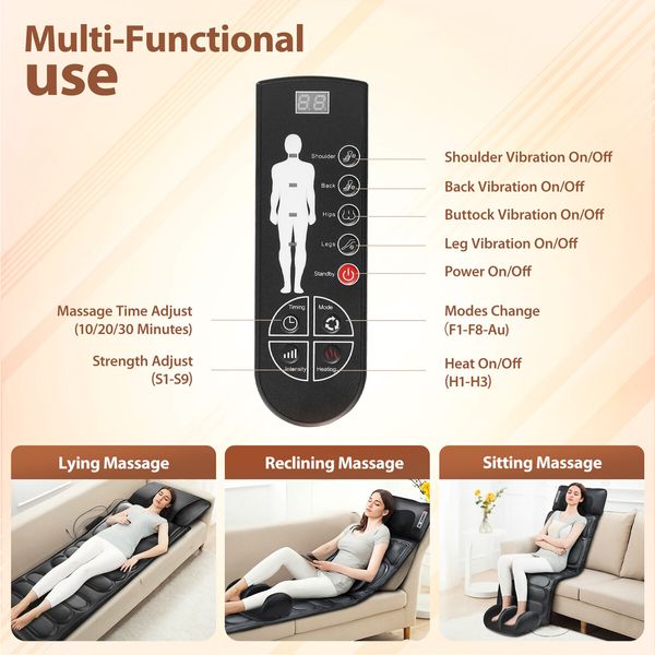 HOMASA Full Body Massage Mat Heated Foot Back Massager Shiatsu Vibration Lumbar Support Neck Leg Relax for Mattress Bed Sofa Chair Recliner