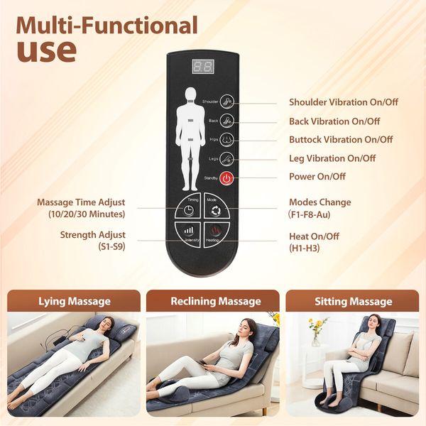 HOMASA Heated Massage Mat Full Body Shiatsu Vibration Lumbar Support Heating Neck Back Foot Massager Electric Recliner Chair Seat Cushion 10 Motors