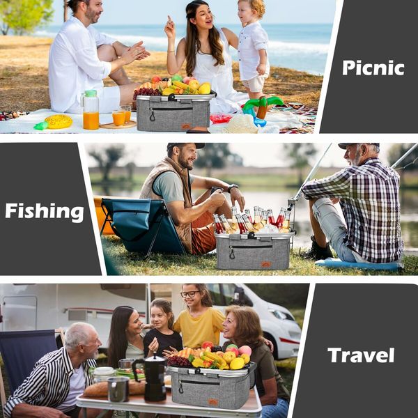 Insulated Cooler Bag Multipocket Collapsible Picnic Basket Leak-Proof Outdoor Basket for Camping Shopping Travel Beach Grocery Bag (Gray)