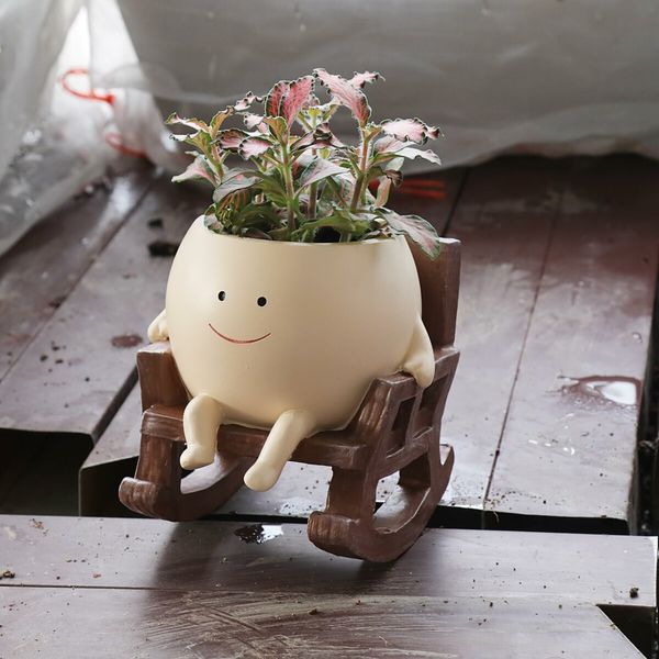 Smily Face Planter Pot Cute Resin Flower Head Planters Unique Sit Rocking Chair Succulent Pots Gift Idea for Christmas with Drainage Hole