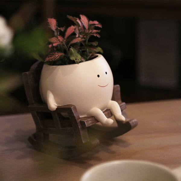 Smily Face Planter Pot Cute Resin Flower Head Planters Unique Sit Rocking Chair Succulent Pots Gift Idea for Christmas with Drainage Hole