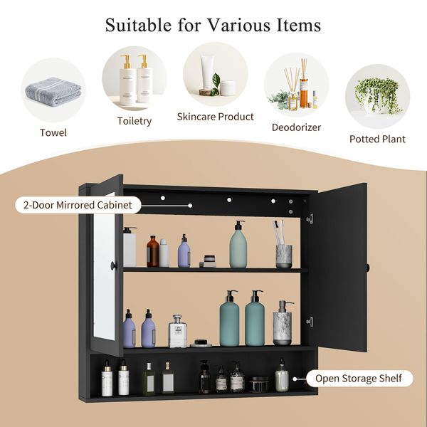 Bathroom Mirror Cabinet Medicine Shaver Shaving Storage Organiser Wall Bath Cupboard Toilet Shelves Furniture Organizer with 2 Doors Black