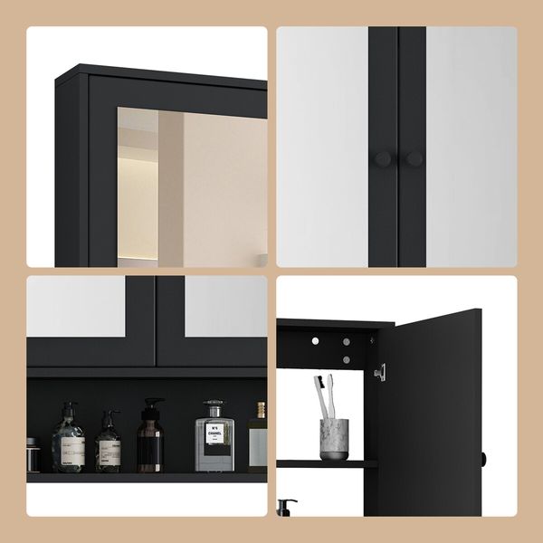 Bathroom Mirror Cabinet Medicine Shaver Shaving Storage Organiser Wall Bath Cupboard Toilet Shelves Furniture Organizer with 2 Doors Black