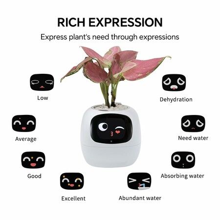 Smart Pet Planter Robot Guidance on Plant Care with Emoji,Adorable Plant Companion with Rich Gesture Interaction,Neat Desk Setup Gift (White)