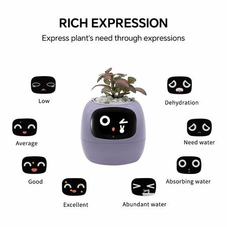 Smart Pet Planter Robot Guidance on Plant Care with Emoji,Adorable Plant Companion with Rich Gesture Interaction,Neat Desk Setup Gift (Purple)