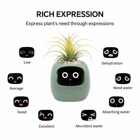 Smart Pet Planter Robot Guidance on Plant Care with Emoji,Adorable Plant Companion with Rich Gesture Interaction,Neat Desk Setup Gift (Green)