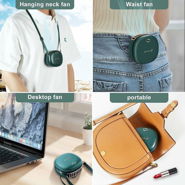 Mini Handheld Fan With Lanyard, USB Rechargeable necklace fan, Speed Adjustable Personal Portable Fan, Green