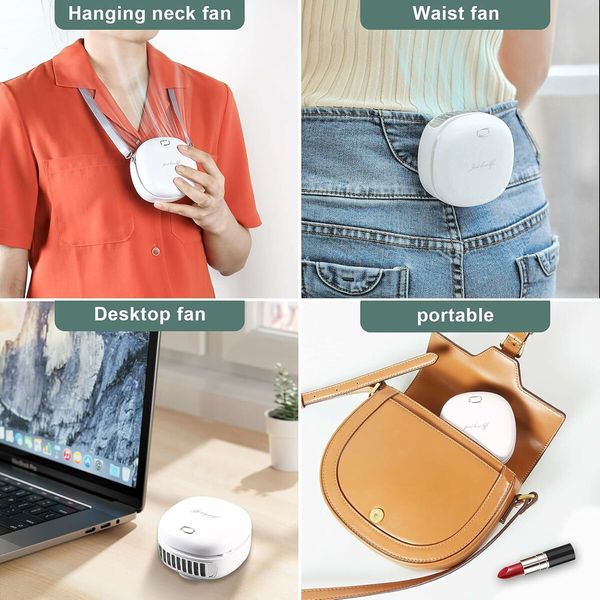 Mini Handheld Fan With Lanyard, USB Rechargeable necklace fan, Speed Adjustable Personal Portable Fan, White