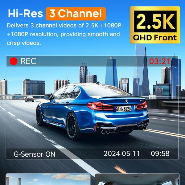 3 Channel WiFi Dash Cam Front and Rear Inside, 4K+1080P+1080P Dash Camera for Cars Front and Rear 24H Parking Mode App Control